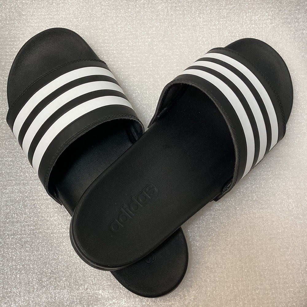 Men’s adidas Adilette Black White Striped Comfort Slides - Size 12